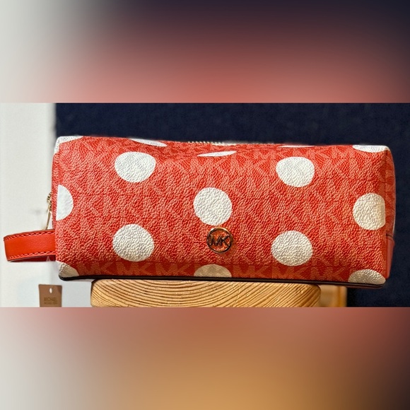 NWT Michael Kors Travel Cosmetic Bag in Red Clay w/White Polka Dots - Picture 1 of 6
